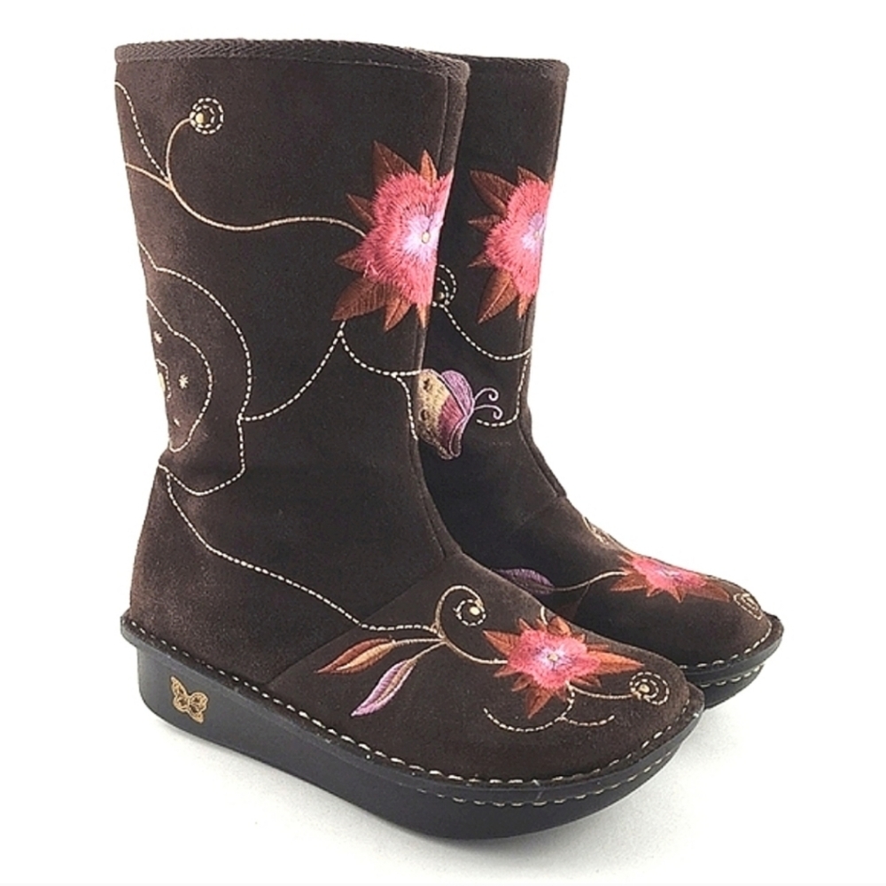 Alegria Women's Suede Floral Embroidered Shearling Boots Brown 37